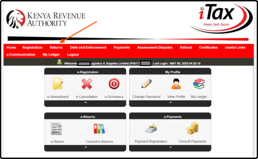 Navigate to the Returns Tab Menu Section