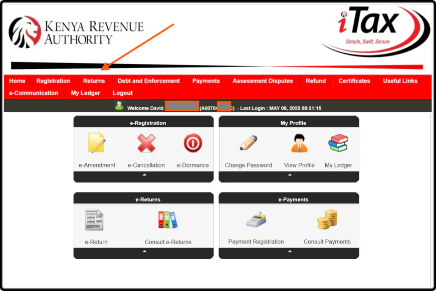 Navigate to the Returns Tab Menu Section