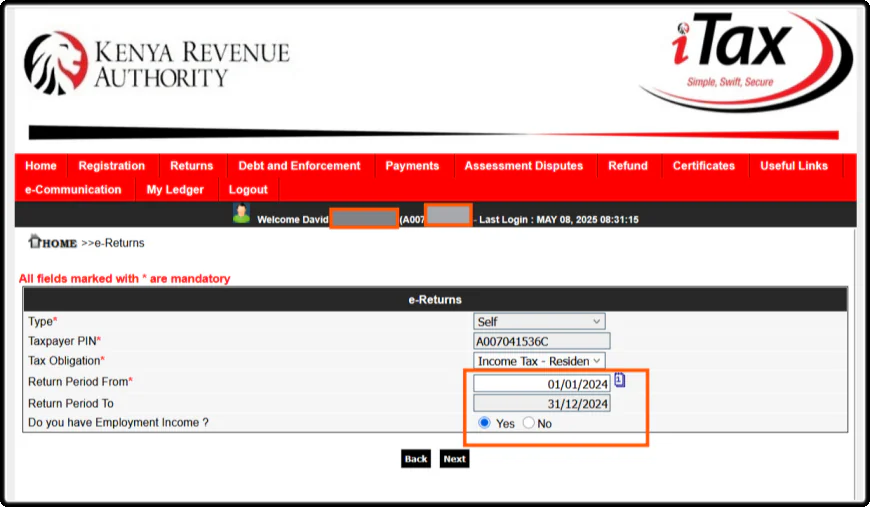Confirm your Tax Obligations, Return Period, and Employment Status