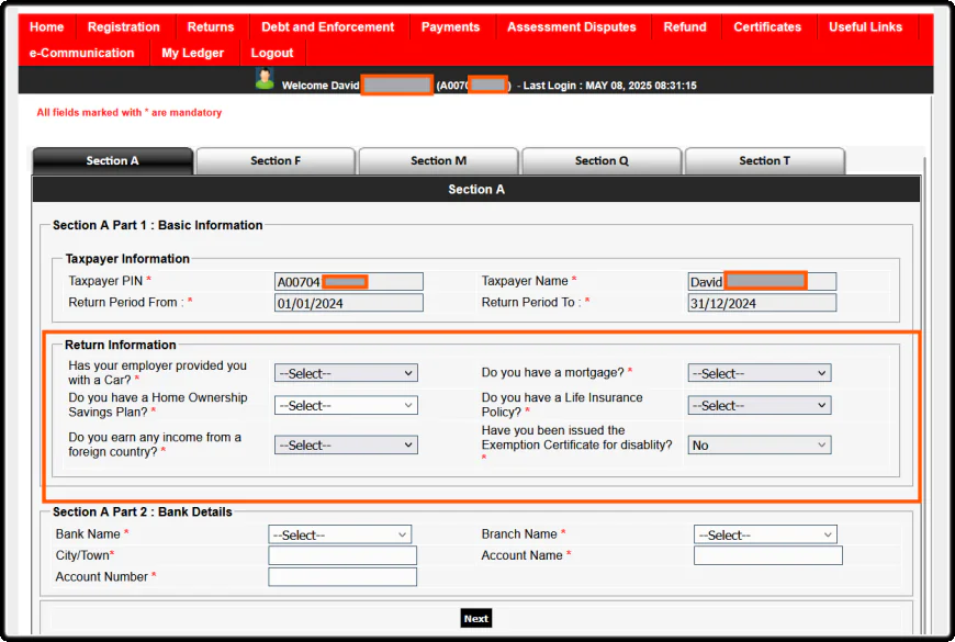 Section A: Return Information Section