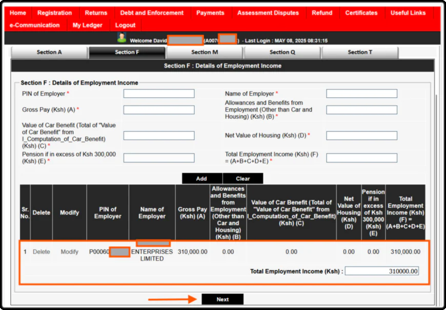 Sections F and M : Return Information Section
