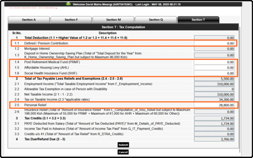 In Section T: Return Information Section