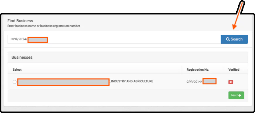Enter Business Name or Business Registration Number